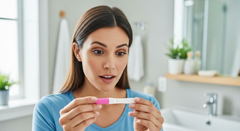 A young woman looking at a pregnancy test with astonishment representing the beginning of a pregnancy with an IUD.