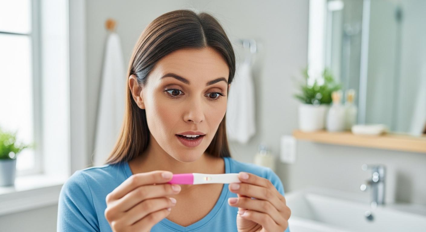 A young woman looking at a pregnancy test with astonishment representing the beginning of a pregnancy with an IUD.