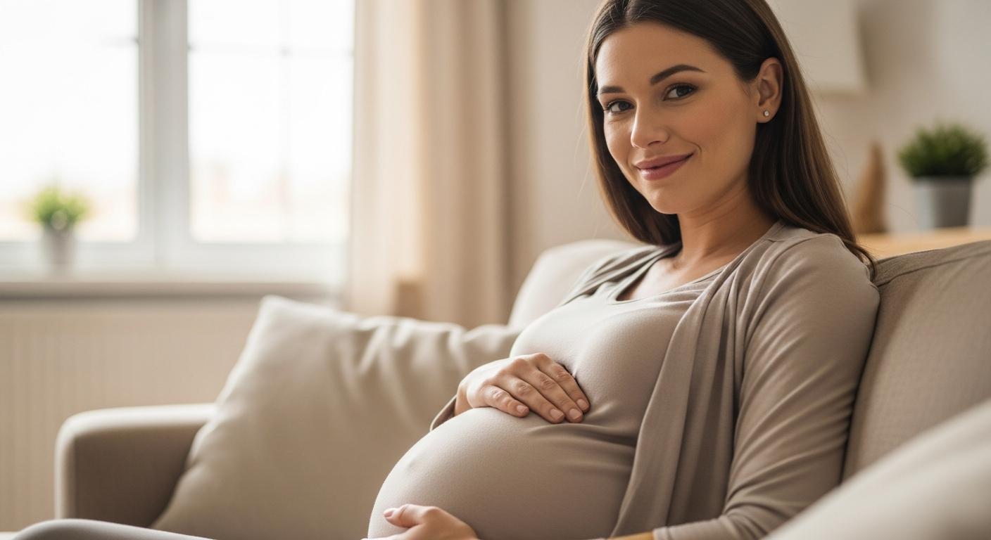 Smiling 35 year old pregnant woman sitting on a sofa illustrating a serene late pregnancy