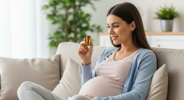 Femme enceinte souriante dans son salon tenant un flacon pour utiliser les huiles essentielles enceinte en toute sécurité
