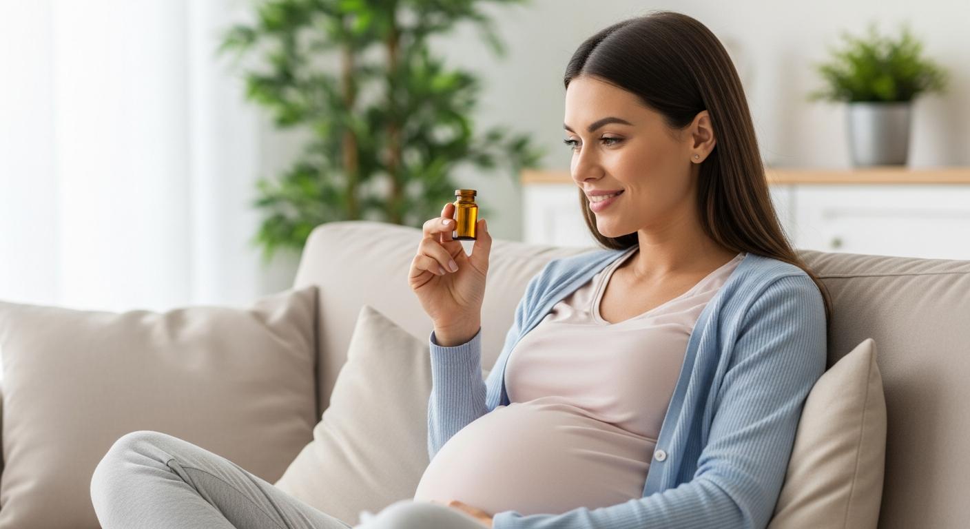 Femme enceinte souriante dans son salon tenant un flacon pour utiliser les huiles essentielles enceinte en toute sécurité