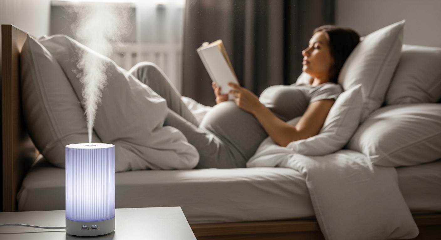 Une future maman se repose dans sa chambre près d un diffuseur électrique pour profiter des bienfaits des huiles essentielles enceinte
