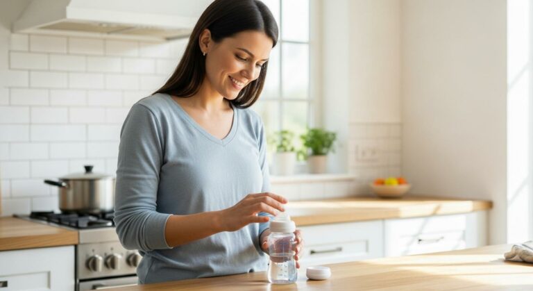 Une jeune maman prépare un biberon d'eau dans une cuisine lumineuse pour assurer une bonne hydratation bébé.