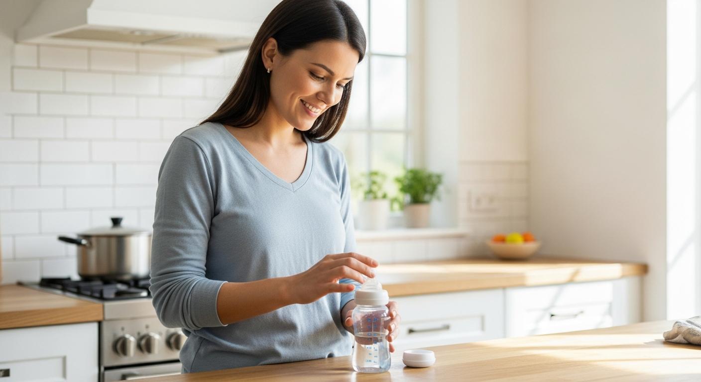 Une jeune maman prépare un biberon d'eau dans une cuisine lumineuse pour assurer une bonne hydratation bébé.