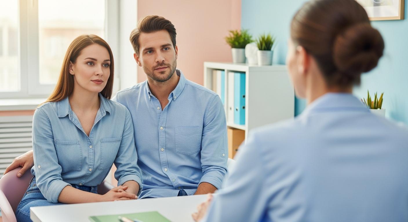 Jeunes parents en discussion avec un médecin dans un cabinet moderne concernant le diagnostic de l'hypotonie bébé
