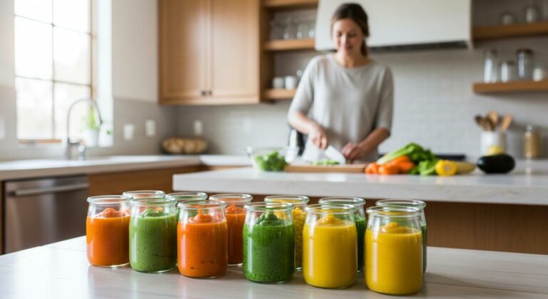 Assortiment de petits pots de purées colorées illustrant une idée recette diversification alimentaire
