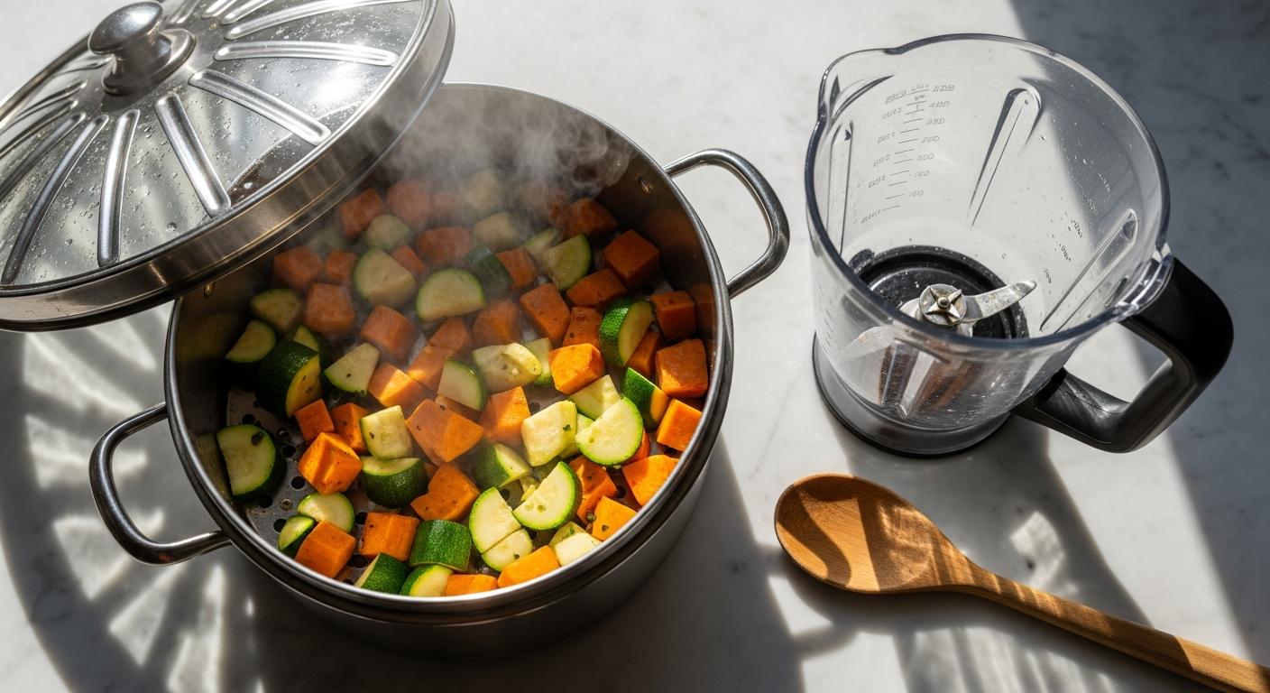 Légumes cuits à la vapeur et mixeur pour réaliser une idée recette diversification alimentaire pour bébé