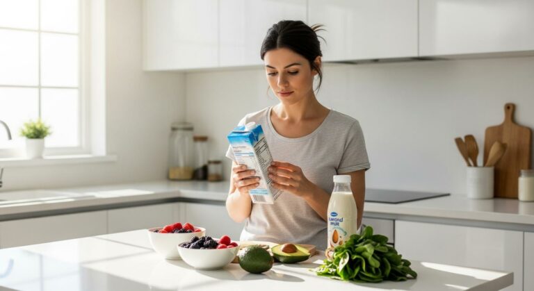 Une maman lit attentivement les étiquettes des produits laitiers pour gérer l'intolérance lactose enfant.
