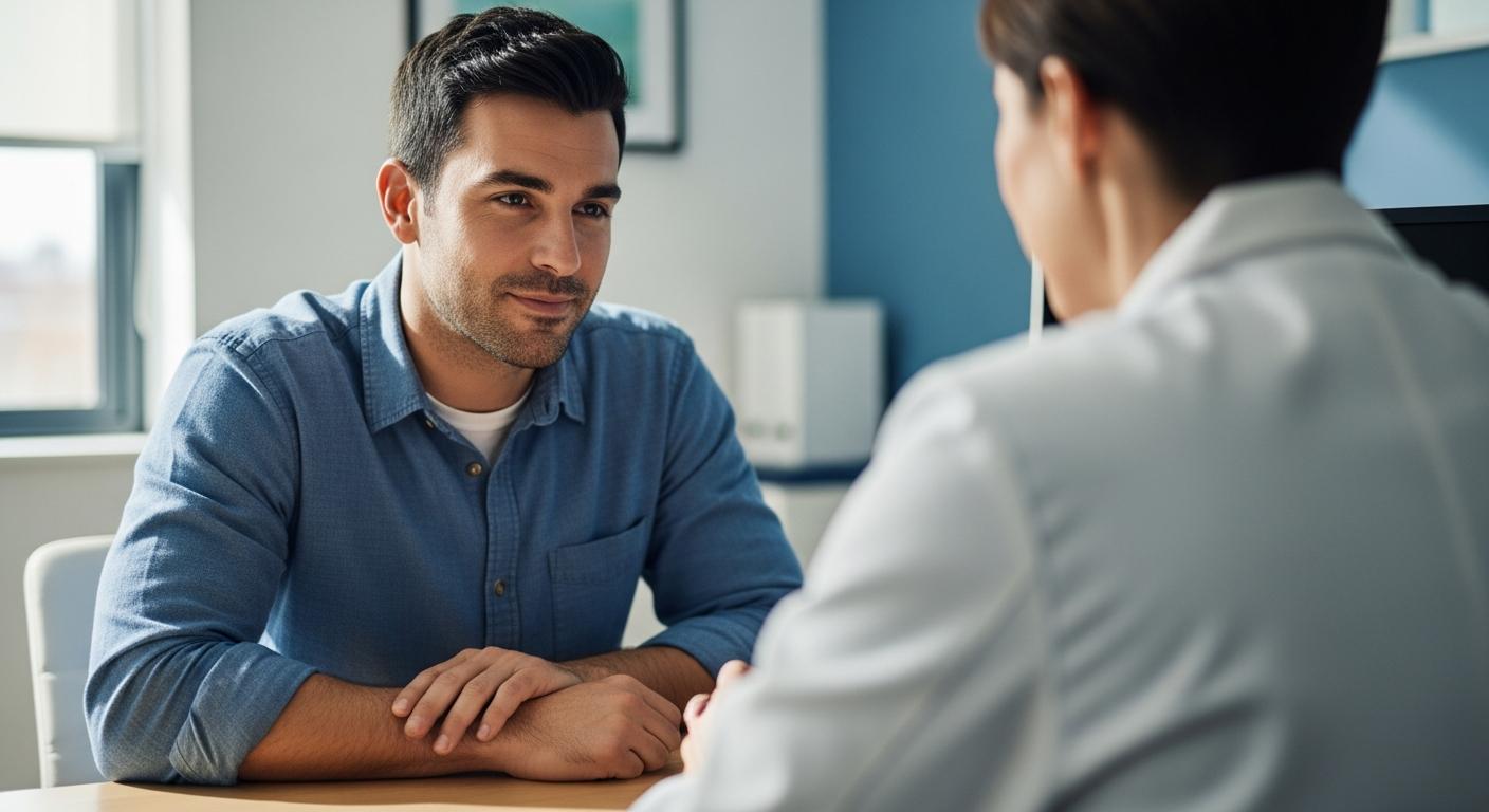 Un père en consultation médicale discute des symptômes de l'intolérance lactose enfant.