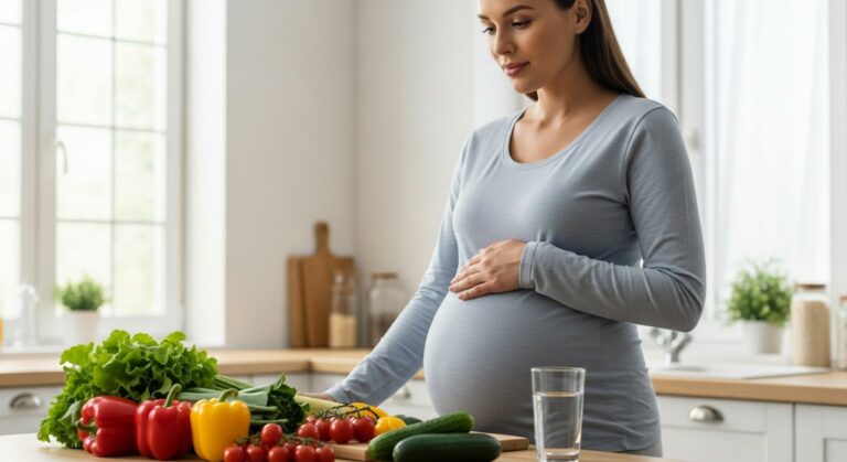 Pregnant woman in her kitchen preparing healthy food to prevent food poisoning while pregnant