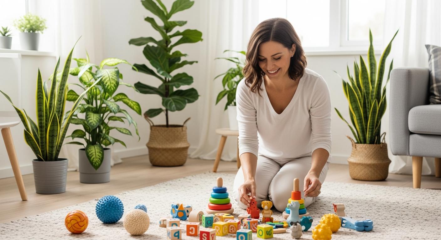 A young mom arranging wooden toys and sensory balls on a rug to organize baby motor skills games