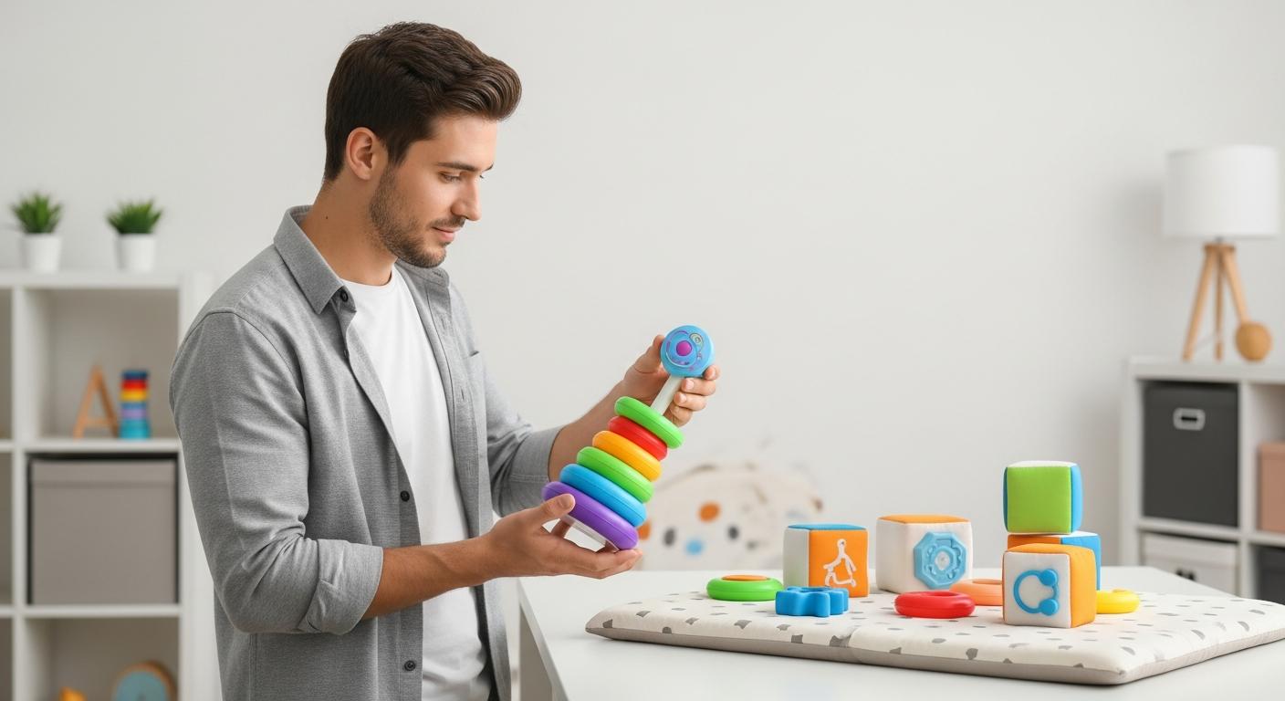 A smiling dad holding a colorful development toy in a nursery illustrating the choice of baby motor skills games