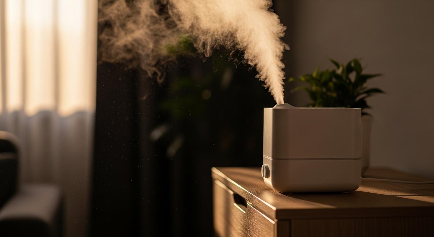 A cool mist humidifier diffusing steam in a bedroom to soothe baby laryngitis.