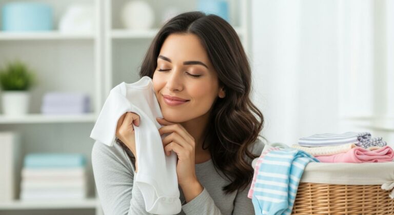 A mom smelling the freshness of a bodysuit washed with gentle and hypoallergenic baby laundry detergent.
