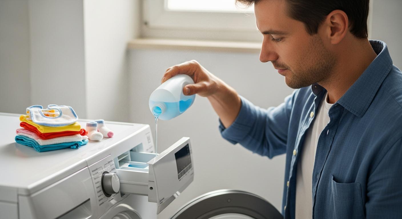 A dad pouring the right dose of baby laundry detergent into the washing machine tray for delicate linen.