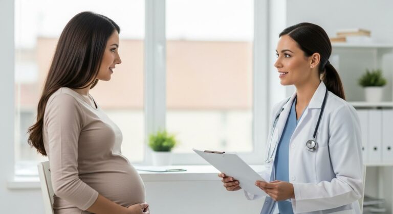 Une femme enceinte en consultation médicale avec un médecin pour échanger sur la leucocyturie grossesse