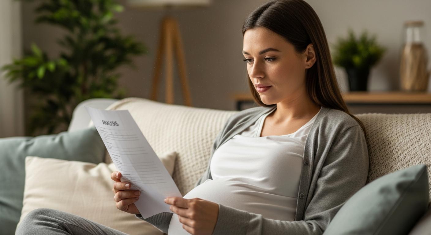 Femme enceinte lisant ses résultats d analyse médicale concernant la leucocyturie grossesse