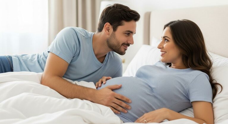 Complicit couple lying in bed discussing comfort for the doggy style pregnant position
