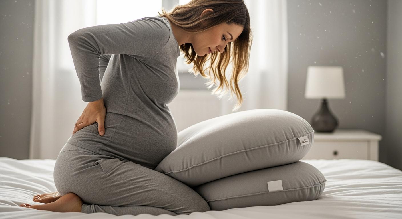 Pregnant woman resting on her knees with a pillow suitable for the doggy style pregnant position