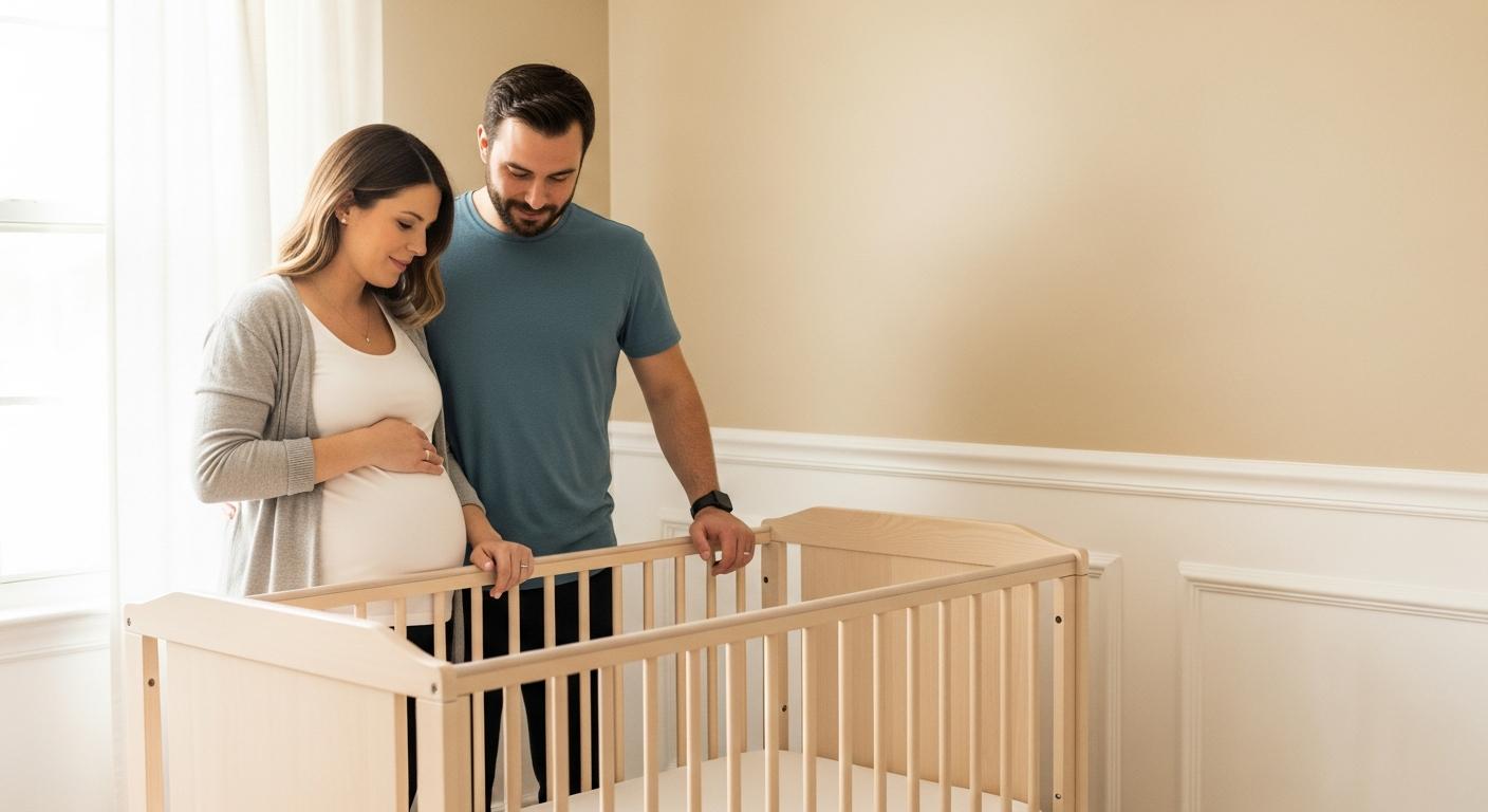 Couple de futurs parents souriants admirant un lit de bébé en bois vide dans une chambre lumineuse