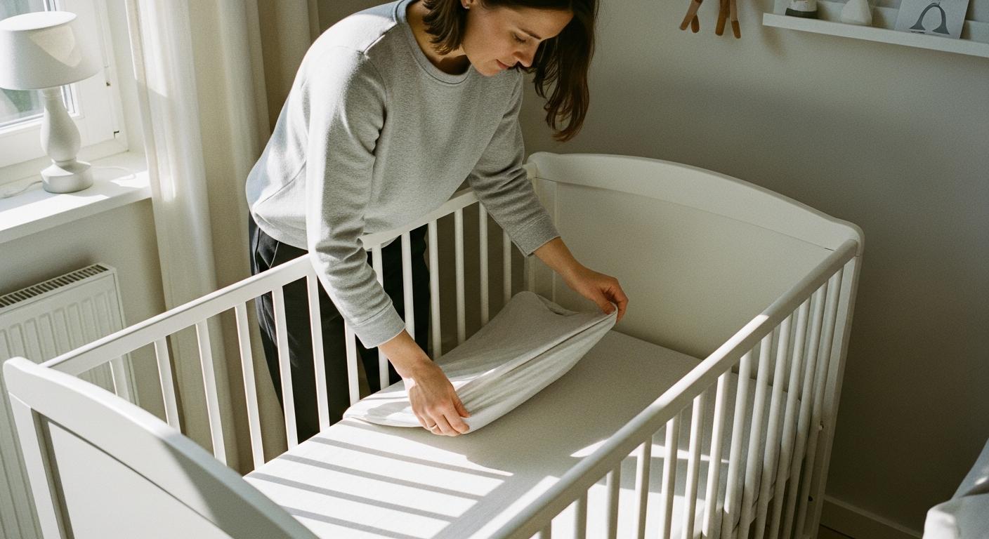 Jeune mère installant le linge de lit dans un lit de bébé à barreaux blancs vide