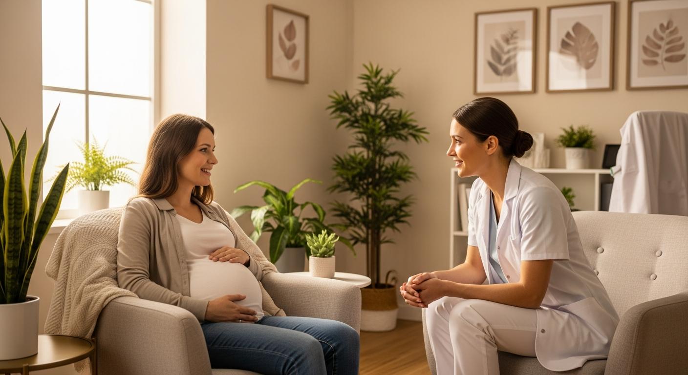 Une femme souriante discute avec une consultante en lactation de l'allaitement avec un mamelon ombiliqué dans un cabinet lumineux.