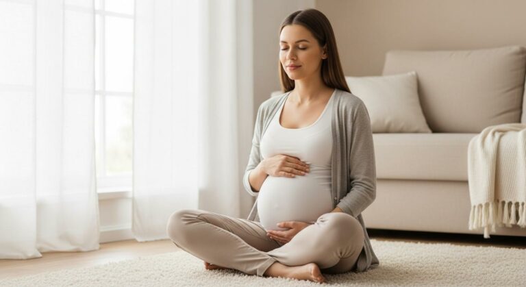 Femme enceinte pratiquant la méditation grossesse assise dans son salon