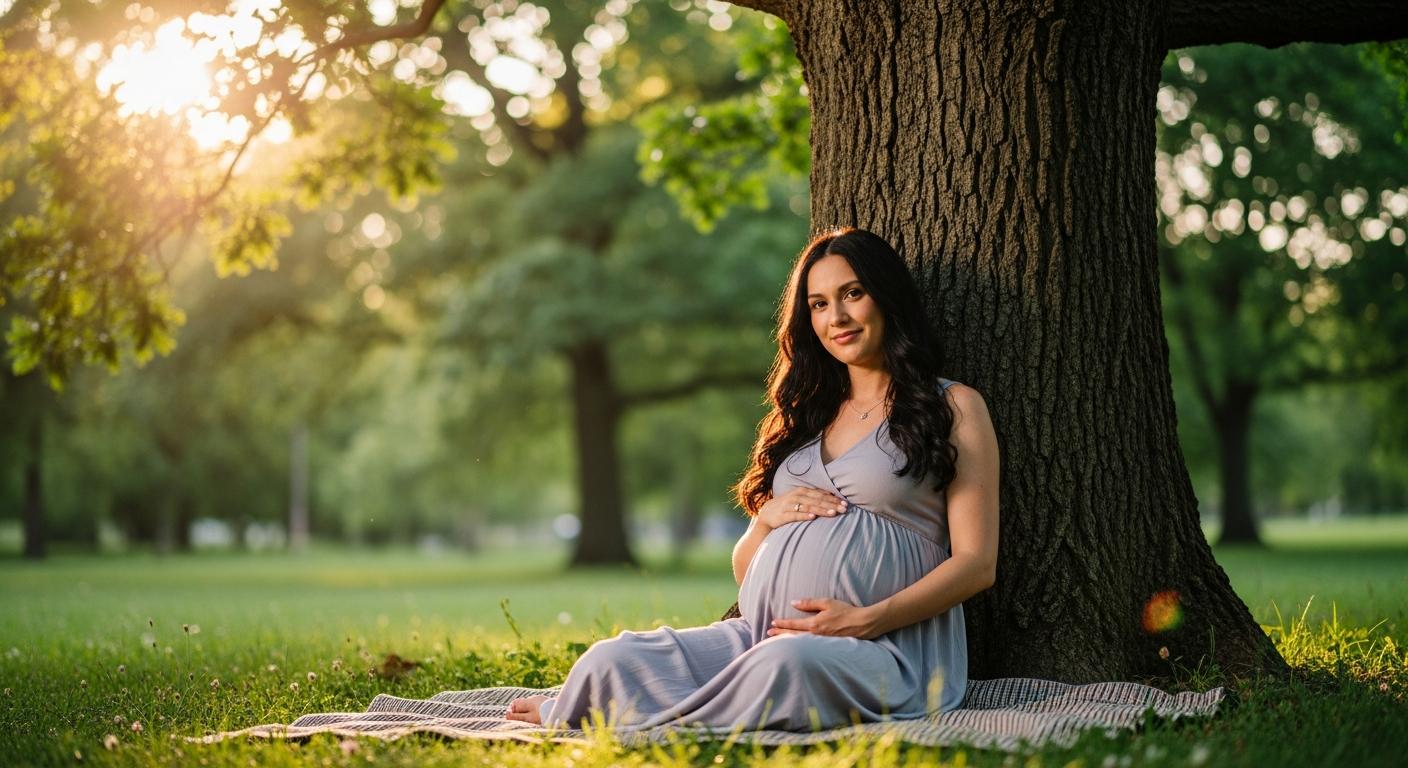 Future mère en pleine séance de méditation grossesse en extérieur