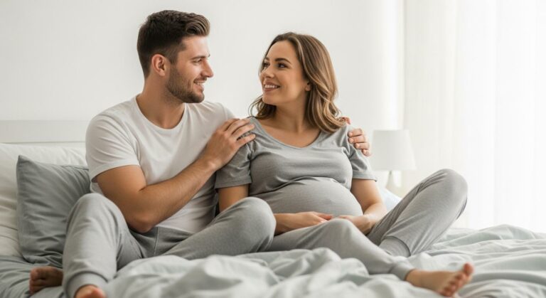 Un couple complice assis sur un lit évoquant l intimité et le sujet de l orgasme et contractions enceinte