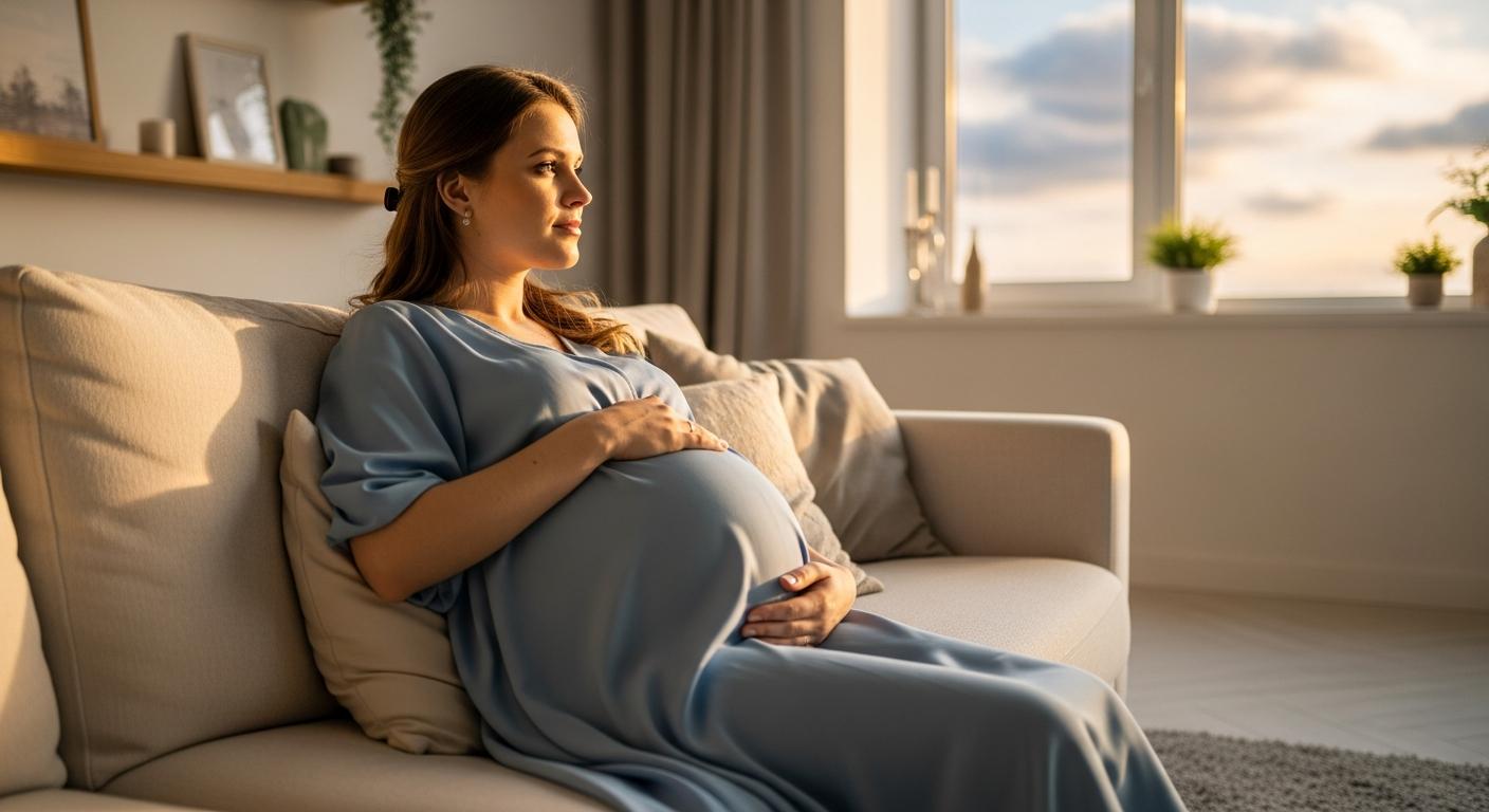 Une future maman se reposant au calme sur un canapé pour apaiser son utérus suite à un orgasme et contractions enceinte