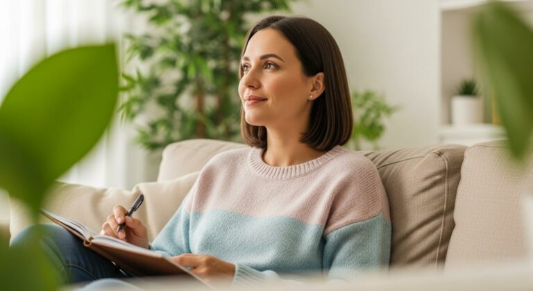A pensive woman holds a notebook to track her cycle and ovulation after miscarriage