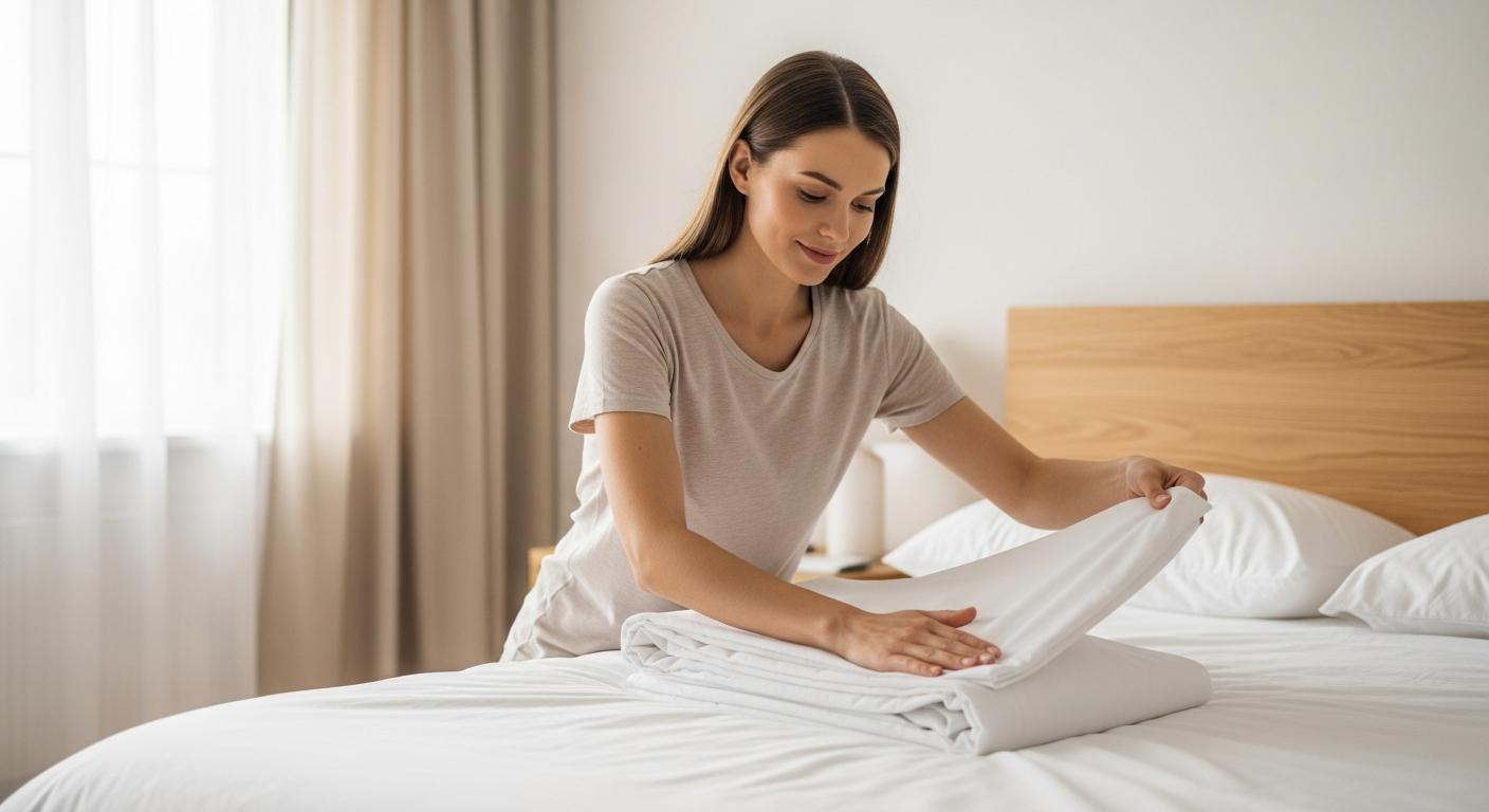 Une femme souriante pliant des draps blancs propres dans une chambre lumineuse illustrant les mesures d'hygiène liées à l'oxyurose ses symptomes et son traitement.