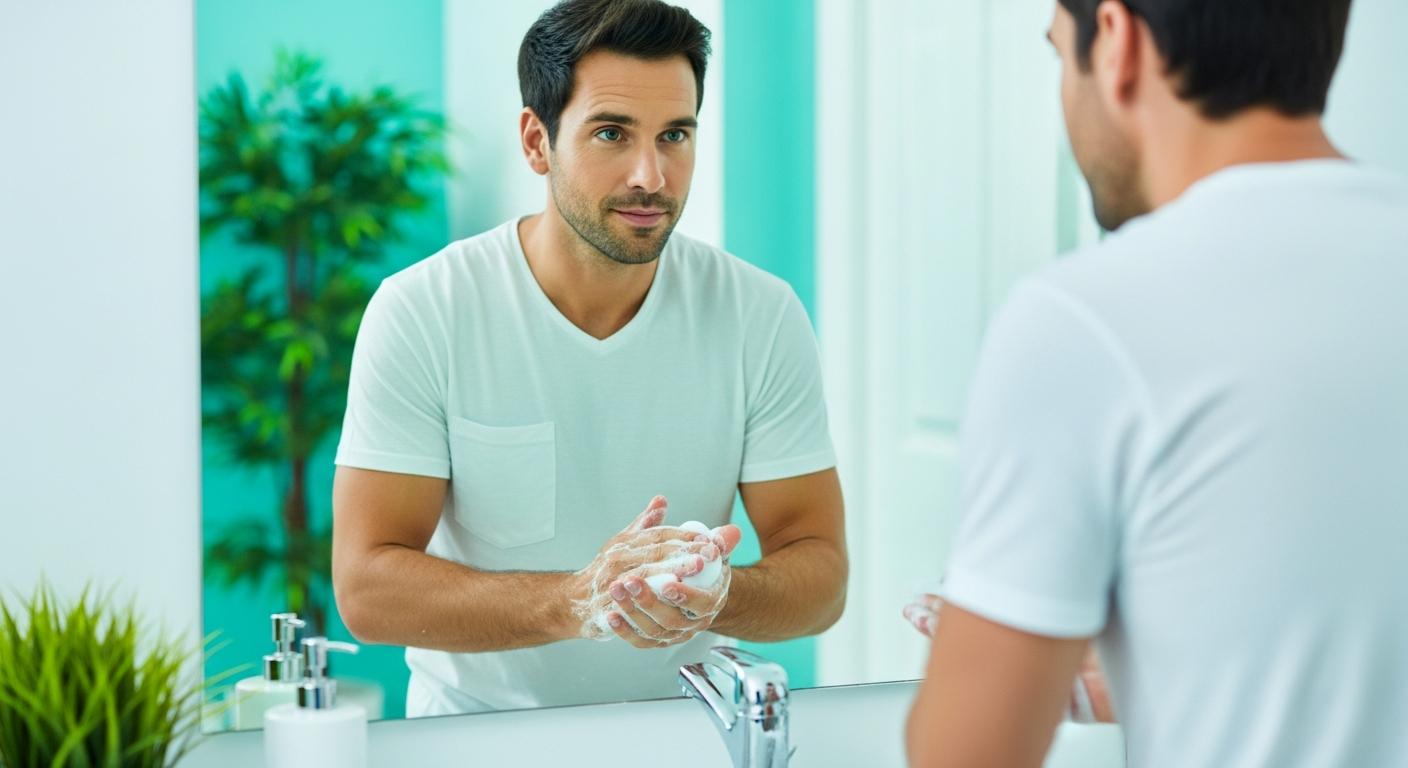 Un homme se lavant les mains soigneusement dans une salle de bain moderne représentant la prévention des symptomes de l'oxyurose et le soutien au traitement.