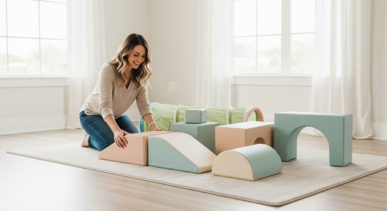 A young woman sets up pastel foam modules to compose a motor skills course in a living room.