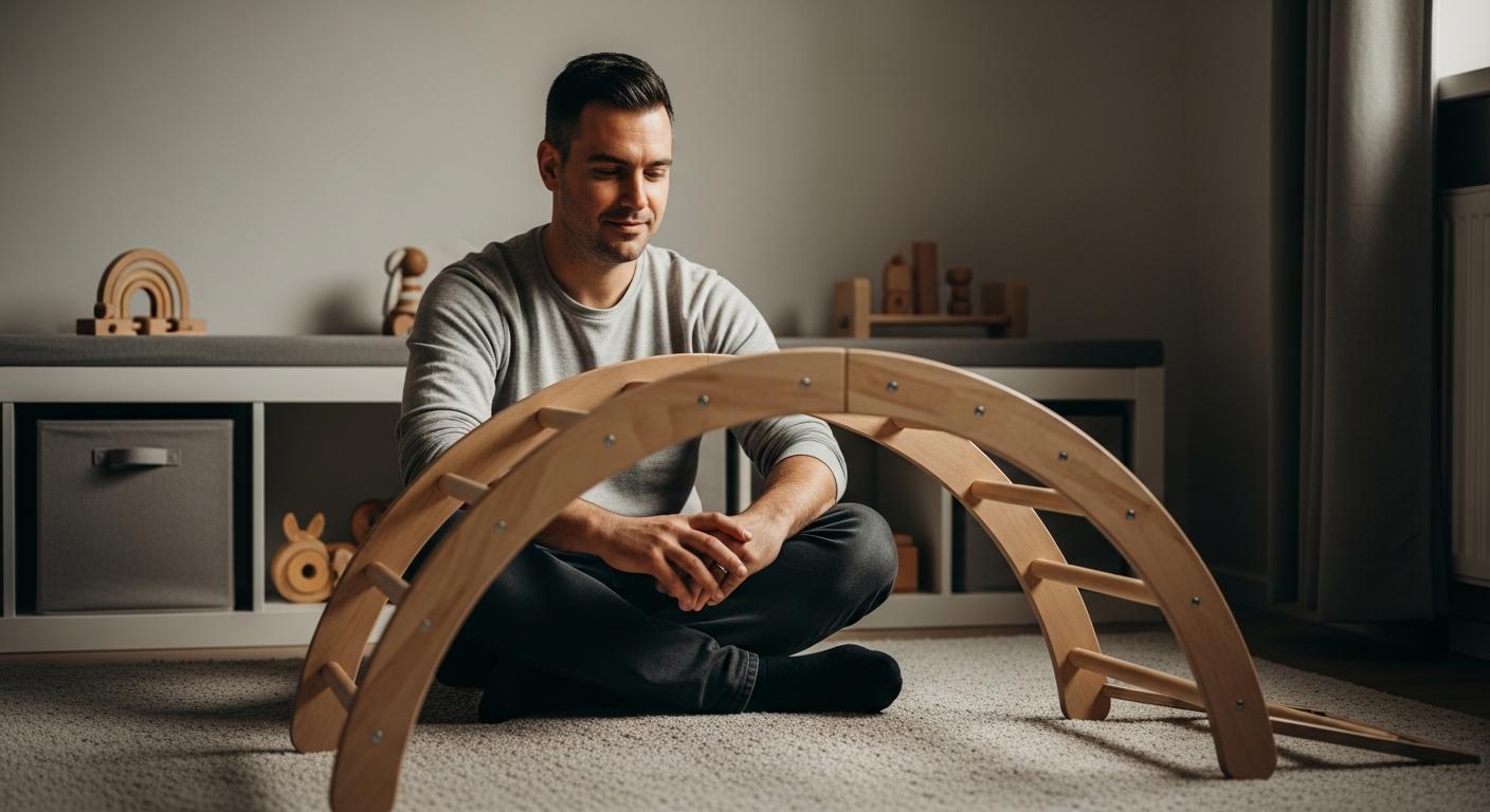 A dad sitting on the floor examines a wooden climbing arch intended for a Montessori-type motor skills course.
