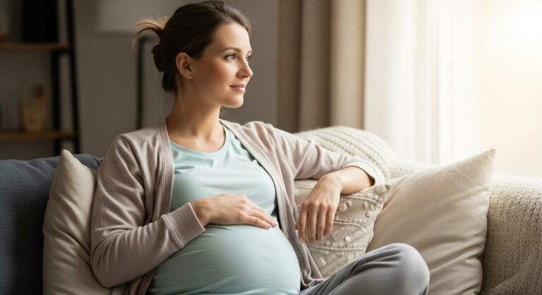 Pregnant woman sitting on a sofa wondering if having white discharge while pregnant is normal
