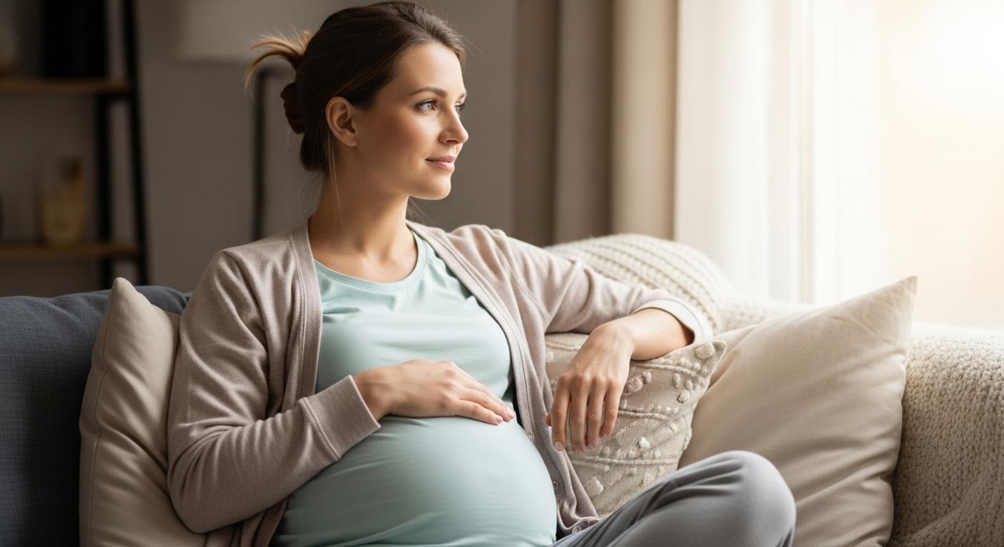 Pregnant woman sitting on a sofa wondering if having white discharge while pregnant is normal