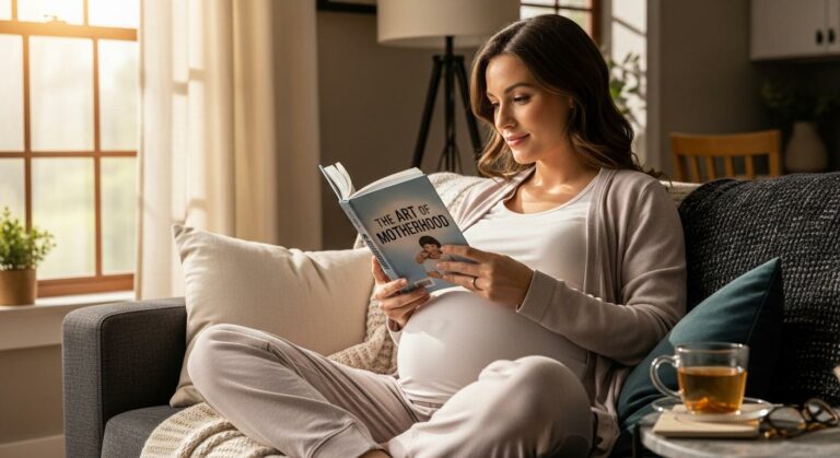 Femme enceinte lisant un livre sur la maternité dans un salon calme illustrant le sujet des pertes liquides grossesse