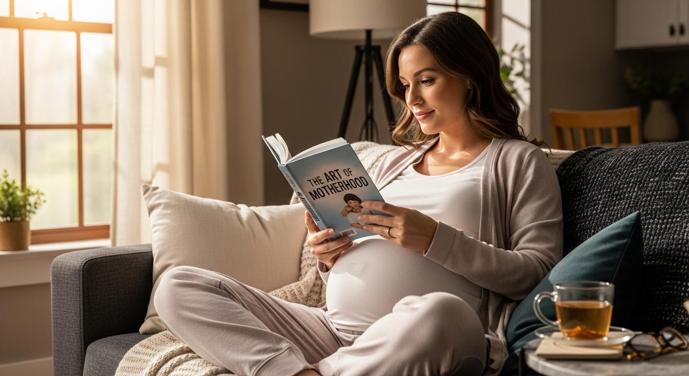 Femme enceinte lisant un livre sur la maternité dans un salon calme illustrant le sujet des pertes liquides grossesse