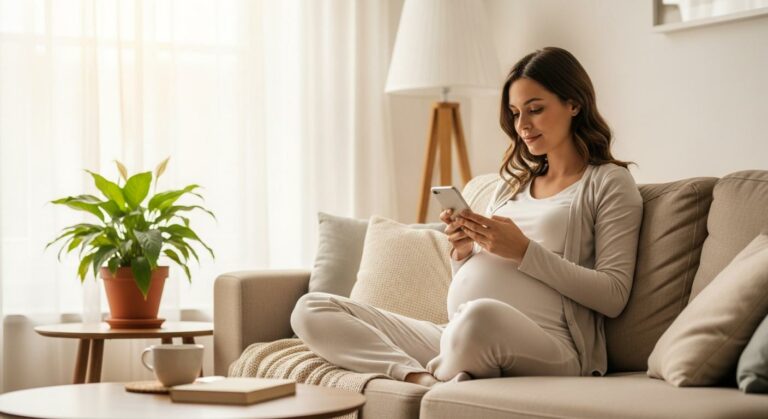 Femme enceinte consultant son téléphone pour comprendre les pertes vertes grossesse