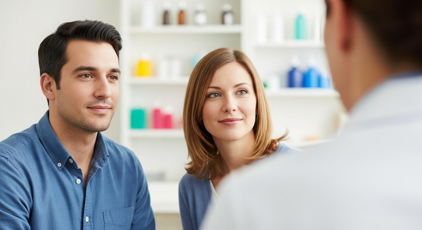 Un jeune couple de parents discute sereinement avec un médecin dans un cabinet médical concernant le phimosis bébé.