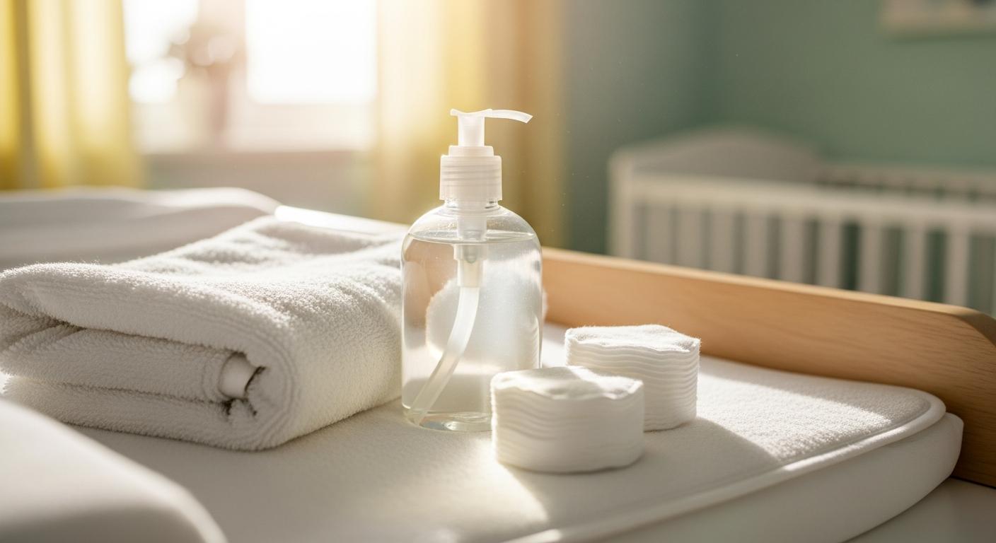 Une serviette de bain moelleuse et du savon doux posés sur une table à langer pour les soins du phimosis bébé.