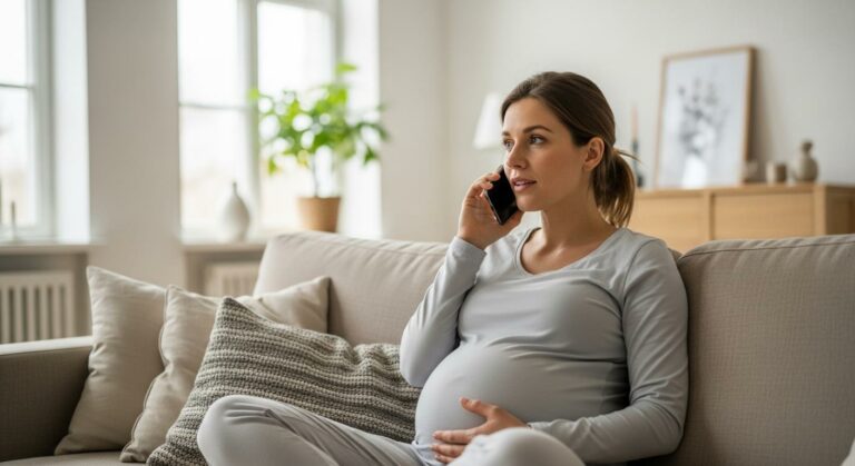 Une femme enceinte assise dans son salon téléphone à son médecin pour des conseils sur le virus pieds-mains-bouche enceinte.