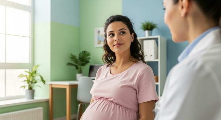 Femme enceinte en consultation médicale discutant du placenta accreta avec son médecin