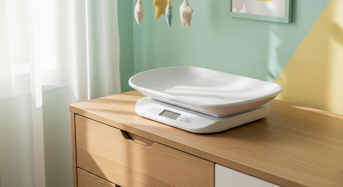 Une balance pour nourrisson vide posée sur une commode illustrant le suivi du poids bébé à la maison.