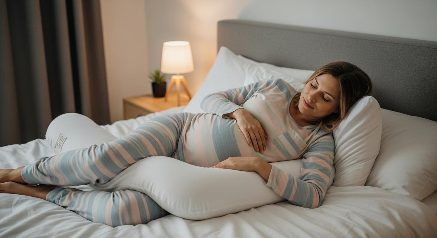 Femme enceinte dormant paisiblement sur le côté gauche avec un coussin de maternité illustrant les positions dormir enceinte recommandées