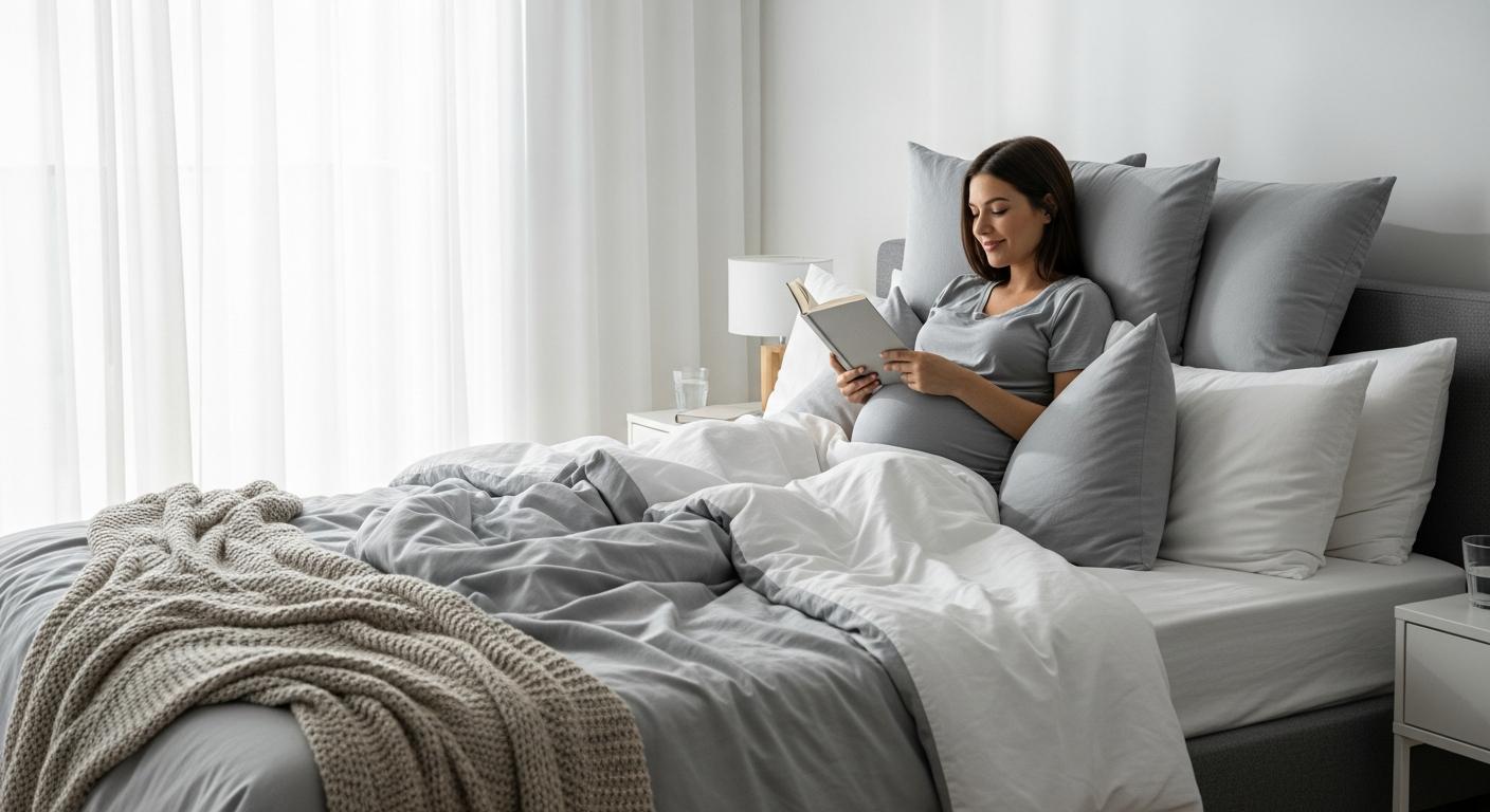 Une future maman se relaxant dans son lit avec des oreillers de soutien pour améliorer ses positions dormir enceinte