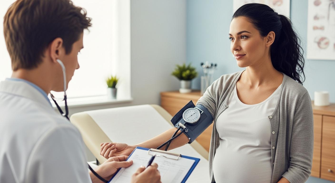 Pregnant woman having her blood pressure measured by a doctor to detect preeclampsia