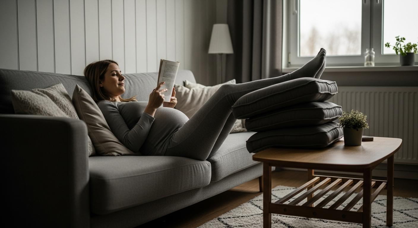 Pregnant woman resting on a sofa with legs elevated to manage preeclampsia