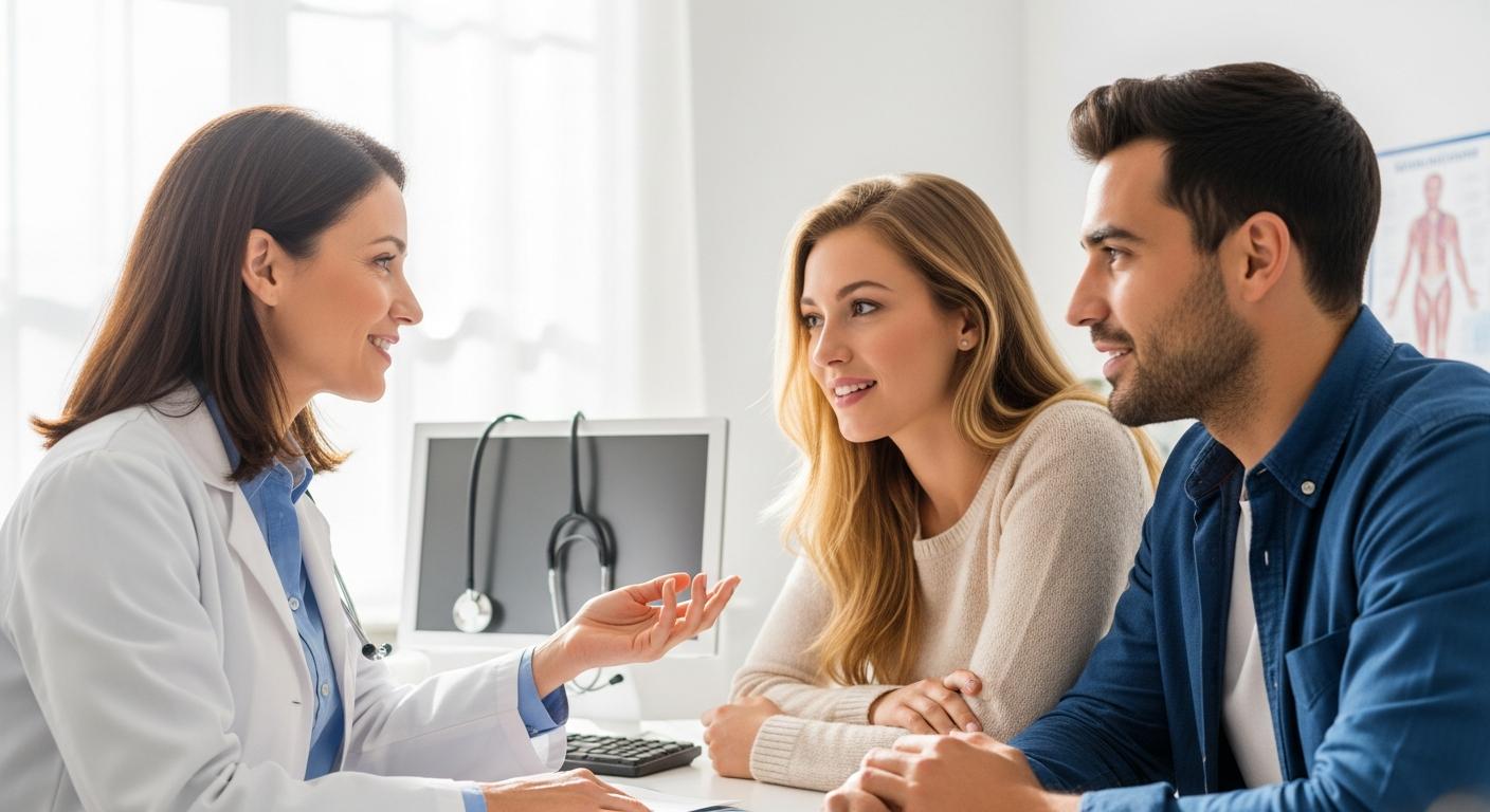 Un médecin explique le protocole de décalottage du prépuce et les signes de phimosis à des jeunes parents lors d'une consultation pédiatrique